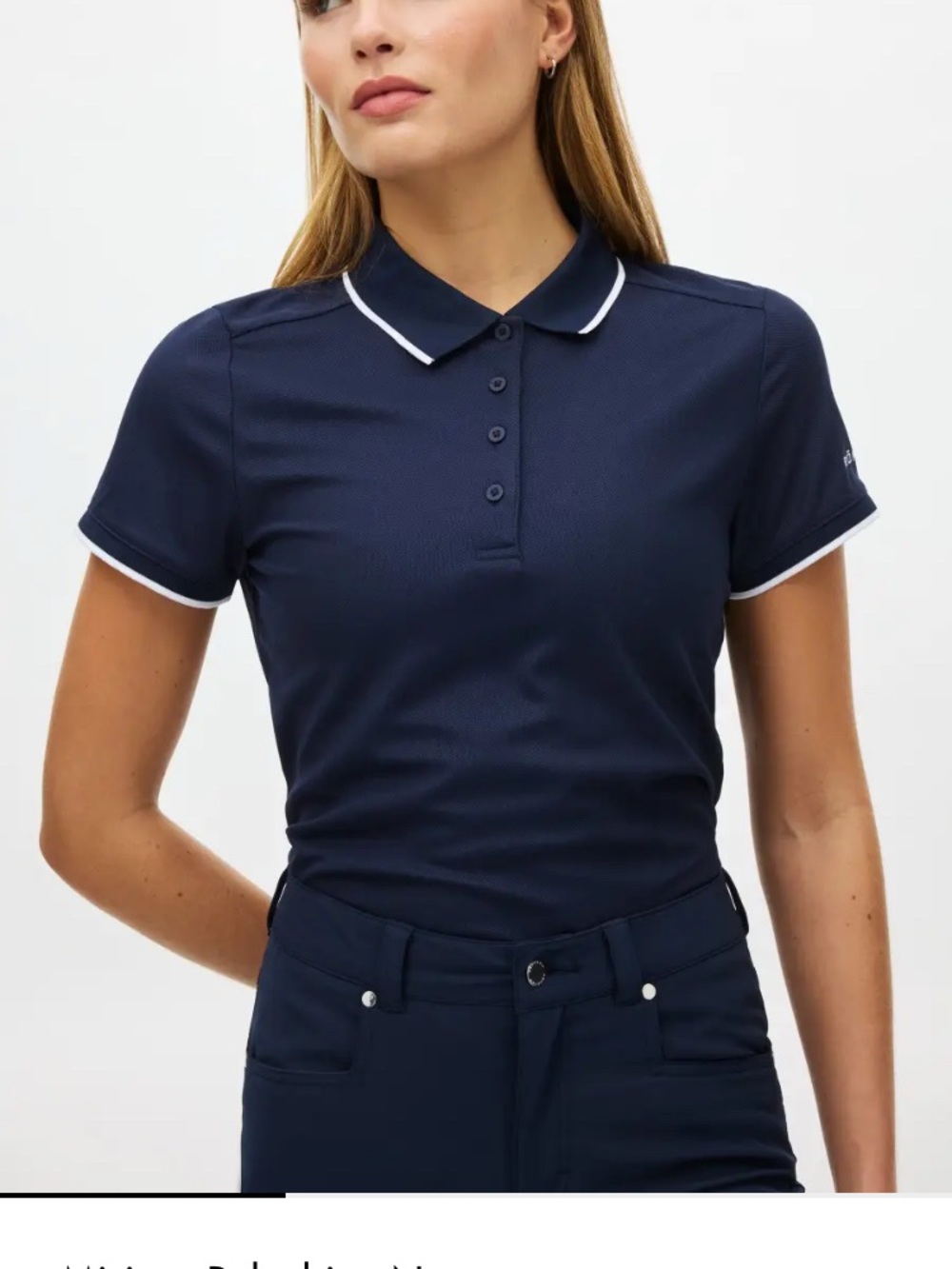 NWT Röhnisch navy blue polo shirt UPF white piping collar/sleeve cuffs Size S